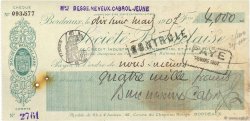 4000 Francs FRANCE régionalisme et divers Bordeaux 1907 DOC.Chèque TTB