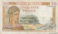 50 Francs CÉRÈS modifié FRANCE  1939 F.18.25 TB
