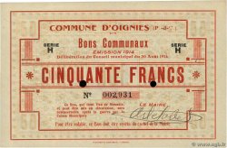50 Francs FRANCE Regionalismus und verschiedenen Oignies 1914 JP.62-1073