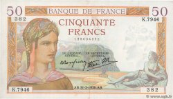 50 Francs CÉRÈS modifié FRANCE  1938 F.18.11 XF