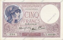 5 Francs FEMME CASQUÉE modifié FRANCE  1939 F.04.10 SUP