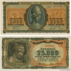 5000 et 25000 Drachmes Lot GREECE  1943 P.122a et P.123a