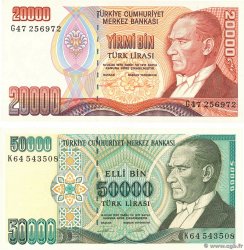20000 et 50000 Lira Lot TURQUIE  1995 P.202, P.204 NEUF