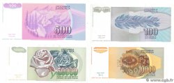 100, 500, 10000 et 50000 Dinara Lot YUGOSLAVIA  1992 P.112, P.113, P.116 et P.117 UNC