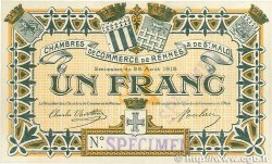 1 Franc Spécimen FRANCE régionalisme et divers Rennes et Saint-Malo 1915 JP.105.05 TTB+
