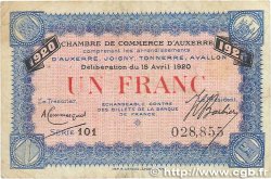 1 Franc FRANCE régionalisme et divers Auxerre 1920 JP.017.26 TB