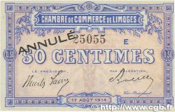 50 Centimes Annulé FRANCE regionalismo e varie Limoges 1914 JP.073.09 AU