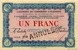 1 Franc Annulé FRANCE régionalisme et divers Auxerre 1915 JP.017.05 SPL à NEUF