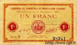 1 Franc FRANCE régionalisme et divers Montluçon, Gannat 1921 JP.084.63 TTB à SUP