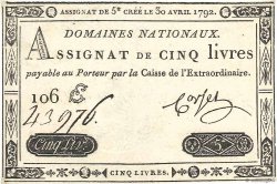 5 Livres FRANCE  1792 Ass.27a XF+