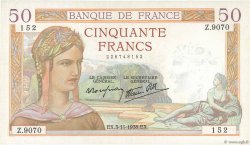 50 Francs CÉRÈS modifié FRANCIA  1938 F.18.18 FDC