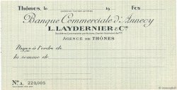 Francs FRANCE regionalismo y varios Thônes 1920 DOC.Chèque
