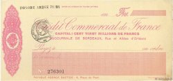 Francs FRANCE regionalism and miscellaneous Bordeaux 1920 DOC.Chèque XF