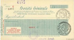 Francs FRANCE Regionalismus und verschiedenen Nancy 1915 DOC.Chèque VZ