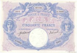 50 Francs BLEU ET ROSE FRANKREICH  1914 F.14.27 VZ to fST