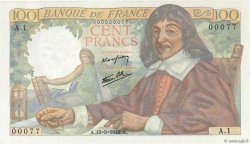 100 Francs DESCARTES Petit numéro FRANCIA  1942 F.27.01A1 q.FDC