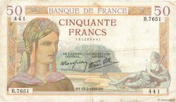 50 Francs CÉRÈS modifié FRANCIA  1938 F.18.09 MB