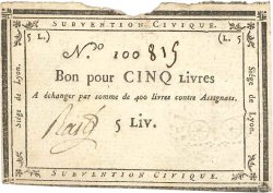 5 Livres FRANCE régionalisme et divers Lyon 1793 Kol.134