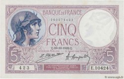 5 Francs FEMME CASQUÉE FRANKREICH  1922 F.03.06
