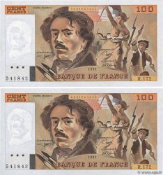 100 Francs DELACROIX imprimé en continu Consécutifs FRANCIA  1991 F.69bis.03a4 q.FDC