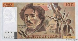 100 Francs DELACROIX imprimé en continu Fauté FRANCE  1991 F.69bis.04a AU