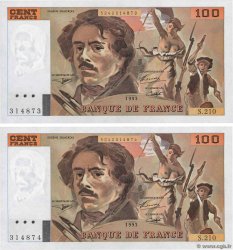 100 Francs DELACROIX imprimé en continu Consécutifs FRANCIA  1993 F.69bis.05 FDC