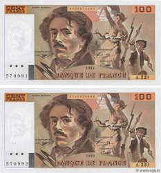 100 Francs DELACROIX imprimé en continu Consécutifs FRANCE  1993 F.69bis.08 AU