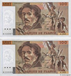 100 Francs DELACROIX imprimé en continu Consécutifs FRANCIA  1993 F.69bis.08 AU
