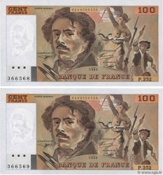 100 Francs DELACROIX imprimé en continu Consécutifs FRANCE  1993 F.69bis.08