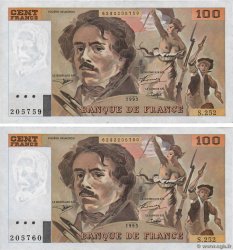 100 Francs DELACROIX imprimé en continu Consécutifs FRANCIA  1993 F.69bis.08 SPL+