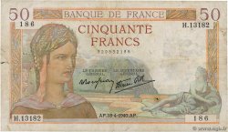 50 Francs CÉRÈS modifié Grand numéro FRANCE  1940 F.18.43 TB