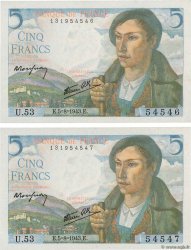 5 Francs BERGER Consécutifs FRANCE  1943 F.05.03 UNC-