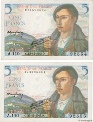 5 Francs BERGER Consécutifs FRANCE  1943 F.05.05 UNC-