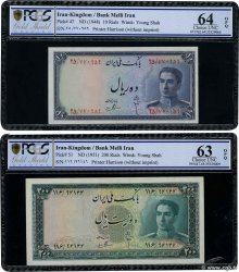 10 et 200 Rials IRAN  1951 P.047 et P.051 UNC-