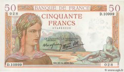 50 Francs CÉRÈS modifié FRANKREICH  1939 F.18.31 fST+