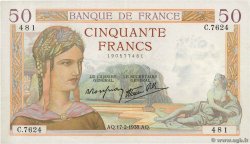 50 Francs CÉRÈS modifié FRANCIA  1938 F.18.09 SPL