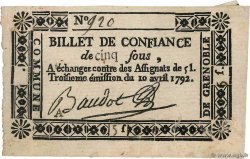 5 Sous FRANCE regionalism and various Grenoble 1792 Kc.38.023d XF