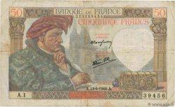 50 Francs JACQUES CŒUR Petit numéro FRANCIA  1940 F.19.01A1 MB