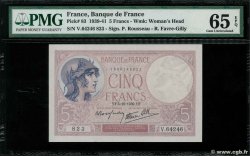 5 Francs FEMME CASQUÉE modifié Numéro radar FRANCE  1939 F.04.11 NEUF