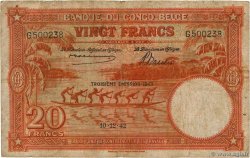 20 Francs BELGIAN CONGO  1942 P.15B VG