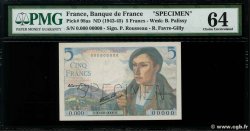 5 Francs BERGER Spécimen FRANCE  1943 F.05.01Sp UNC-