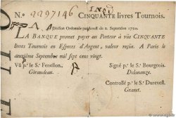 50 Livres Tournois typographié FRANCE  1720 Dor.24 TB+