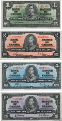 1, 2, 5 et 10 Dollars Lot KANADA  1937 P.058d, P.059b, P.060c et P.061b