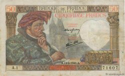 50 Francs JACQUES CŒUR Petit numéro FRANCIA  1940 F.19.01A1 BC+