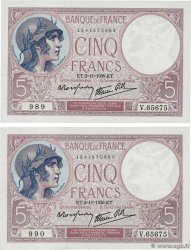 5 Francs FEMME CASQUÉE modifié Consécutifs FRANCE  1939 F.04.14 UNC-