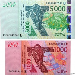 1000 et 5000 Francs Lot WEST AFRIKANISCHE STAATEN  2013 P.215Bm-217Bm fST+