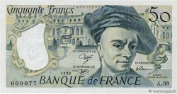 50 Francs QUENTIN DE LA TOUR Petit numéro FRANCIA  1990 F.67.16A59 FDC