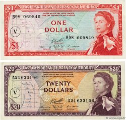 1 et 20 Dollars Lot EAST CARIBBEAN STATES  1965 P.13o et P.15o BB