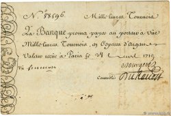 1000 Livres Tournois gravé FRANCE  1719 Dor.12 TTB
