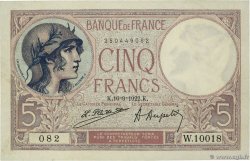 5 Francs FEMME CASQUÉE FRANCIA  1922 F.03.06 SC+